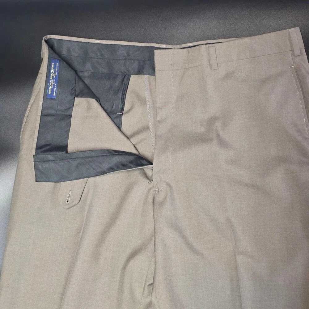Brooks Brothers Brooks-Blend Dress Pants Mens 40x30 Beige Flat Front Made In USA